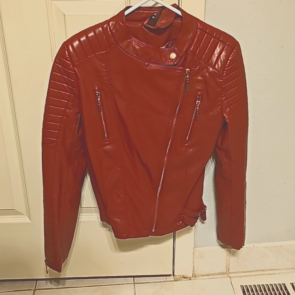A deep red leather jacket waist, petite extra large